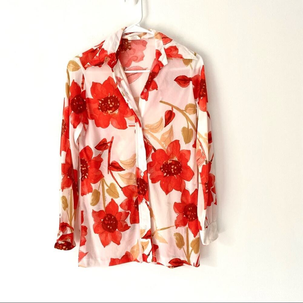 Vintage Vera Neumann 70s Disco Butterfly Collar Floral Button Down Blouse small